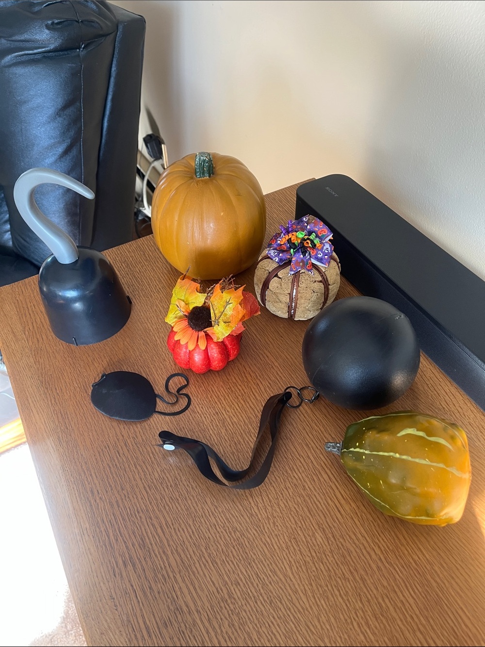 7 Autumn Decorative Pumpkin & Gourd Assortment with Black Pirate Hook Accent